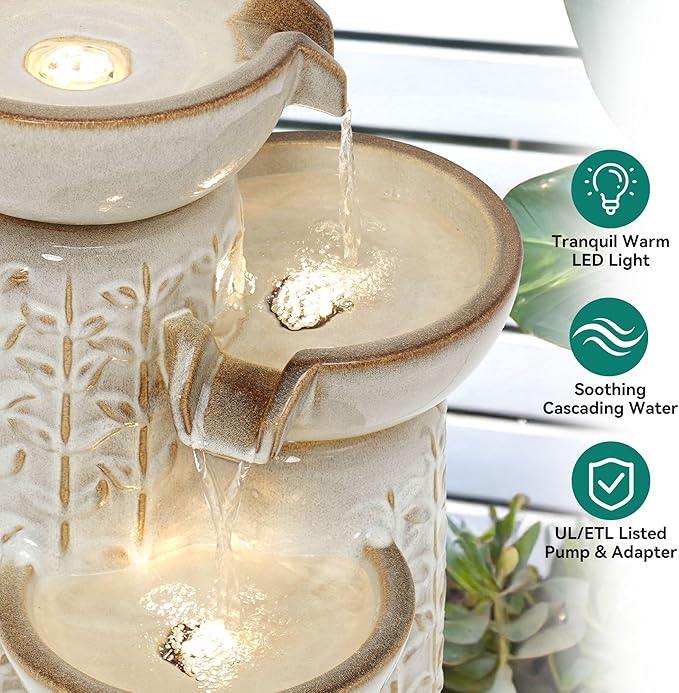 28" H Ceramic Outdoor Water Fountain with LED Lights, 3-Tier Cascading Bowls Water Feature, Tranquil Waterfall for Relaxing Garden, Patio, Yard, or Porch, Beige Glaze, Embossed Leaf Patterns