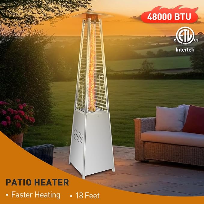 Pyramid Patio Heater, 48000 BTU Glass Tube Propane Patio Heater with Wheels and Cover, Outdoor Propane Heaters for Patio, Backyard, Garden, Porch, and Pool