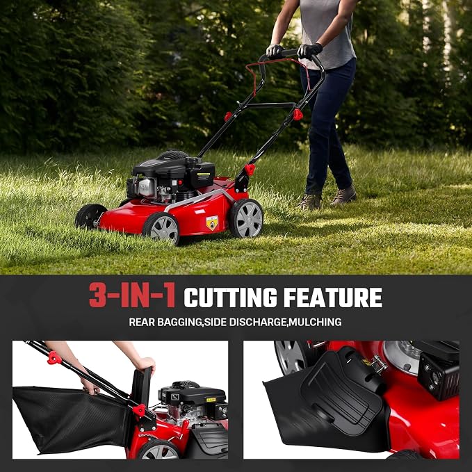 18" Lawn Mowers, 3 in 1 Self-Propelled Cordless Lawn Mower, 131cc Walk-Behind Push Gas Lawn-Mower with 50L Grass Bag, Heavy-Duty Gas Powered Lawnmower for Gardening Care Lawns Maintenance Yard Trimme - Image 5