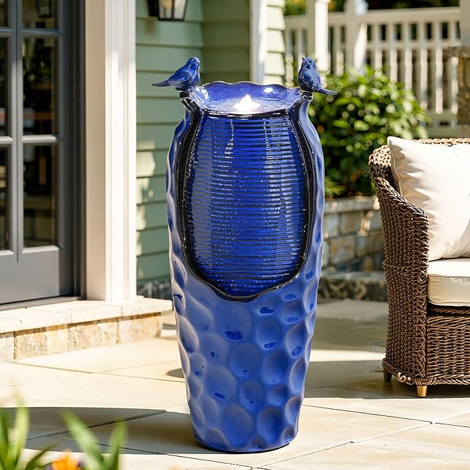 32.5" H Ceramic Jar Outdoor Fountain, Honeycomb Pot Water Feature with LED Lights, Soothing Trickling Waterfall for Garden, Patio, Yard, Balcony Oasis, KD Vivid Birds, Cobalt Blue Glaze