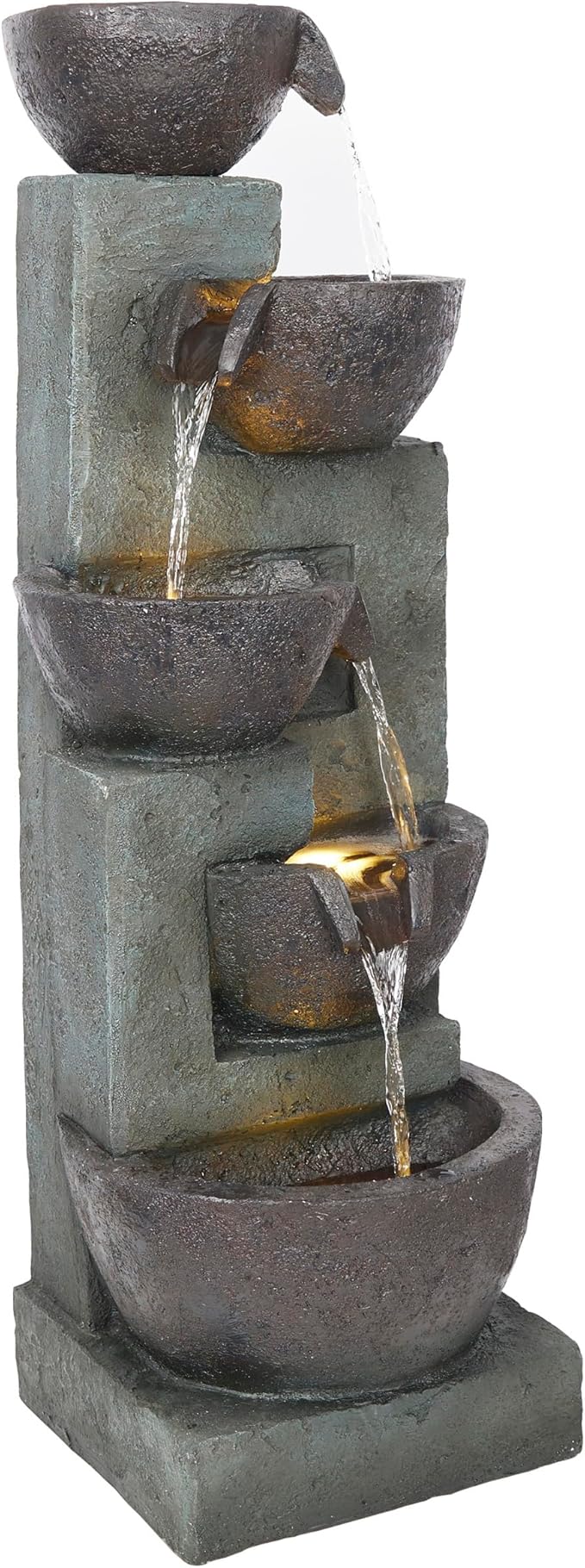 Alpine Corporation 39" Tall 5-Tier Bowls Waterfall Fountain with LED Lights, Elegant Outdoor Water Feature for Garden, Patio, Yard, Gray