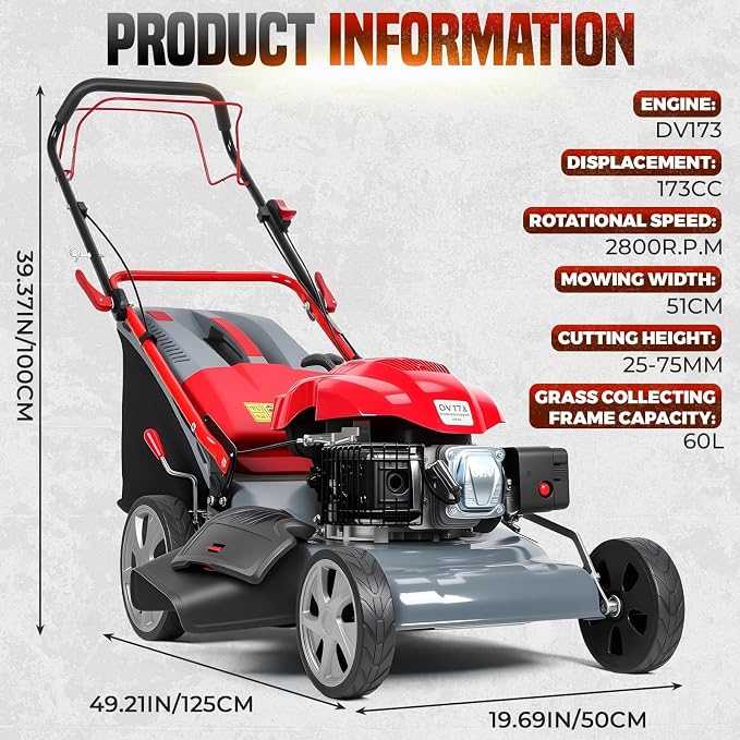 173cc Gas Powered Self Propelled Lawn Mower[Foldable] - Easy to Start, 3 in 1 Multi Functional Gas Push Lawnmower with 60L Grass Tank for Yard Garden, Self-Propelled Rear Wheel System, 20 Inch Red - Image 2