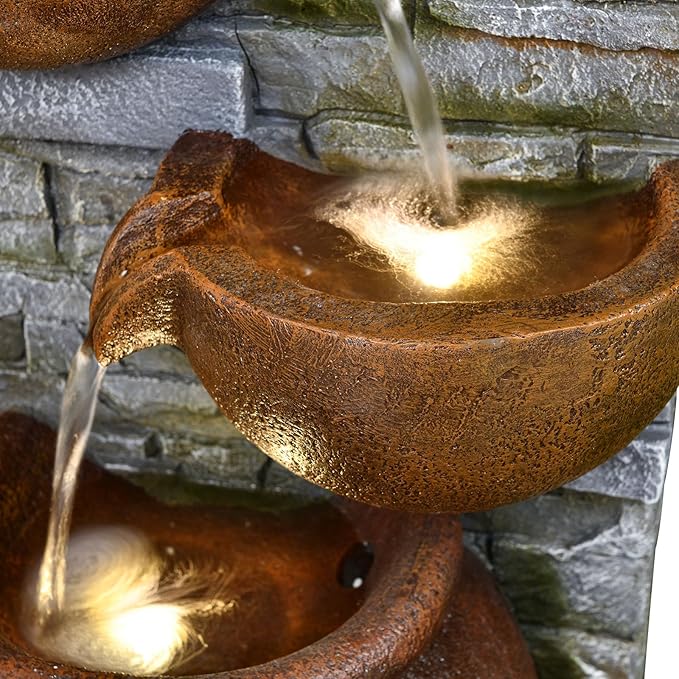 42.52" Outdoor Garden Water Fountain with Lights 4 Tiers Cascading Large Waterfall Floor Standing Fountain for Patio, Backyard, Deck, Porch and Home Art Decor