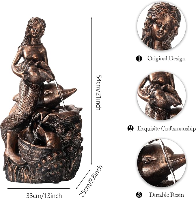 TERESA'S COLLECTIONS 21" Large Mermaid Water Fountains Outdoor with LED Light Auto Slient Pump, Water Features for Yards Patio Garden Balcony Porch, Mermaid Garden Gifts for Mom