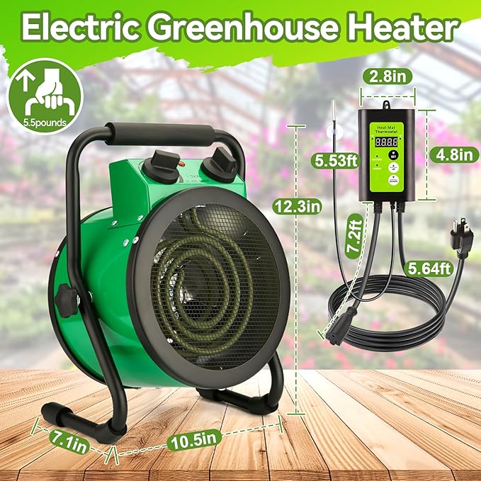 Greenhouse Heater with Digital Thermostat, 1500W Electric Outdoor Heaters for Patio, Fast Heating, Overheat Protection, Dustproof Design for Grow Tent, Green House, Flower Room, Green-Black