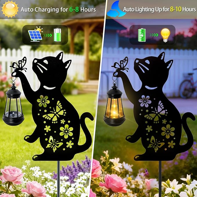 ANGMLN Cat Solar Lights Outdoor, Black Cat Hanging Lantern Waterproof, Cat Lover Gifts for Women Mom Birthday Mother's Day, Metal Garden Statue Yard Decor Patio Pathway Backyard Lawn Ornaments