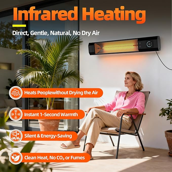 34" Wall-Mounted Electric Patio Heater, 1500W Infrared Outdoor Heater with Motion Sensor & Remote, IPX5 Waterproof, 9 Heat Levels, 9H Timer, Indoor Garage Backyard Deck Patio Heaters