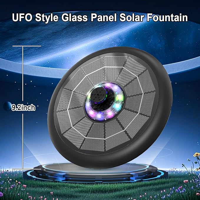 Solar Fountain UFO Style, 2026 Upgrade 5W Glass Solar Panel Bird Bath Fountain with LED Lights, 4000mAh Backup Battery, 7 Nozzles for for Garden, Pond, Pool, Patio Outdoor Water Feature