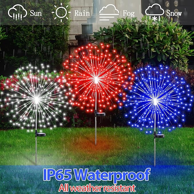 9 Pcs 4th of July Solar Firework Stake Lights 180 LED 8 Modes Solar Waterproof LED Sparkler Lights Outdoor Patriotic Decoration for Memorial Independence Day Garden Patio Yard (Red, Blue, White)