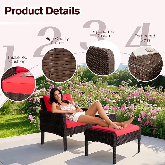 U-MAX Outdoor 5 Pieces Patio Furniture Set, PE Rattan Wicker Chairs with Ottoman and Table, Bistro Set for Front Porch, Garden, Backyard, Balcony, Brown/Red
