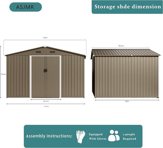 10FT x 8FT Outdoor Storage Shed, Waterproof Lockable Door Metal Tool Shed with Sliding Door and Ventilation, Gardening Tool Storage Room, Metal Storage Shed for Gardens and Lawns - Image 2