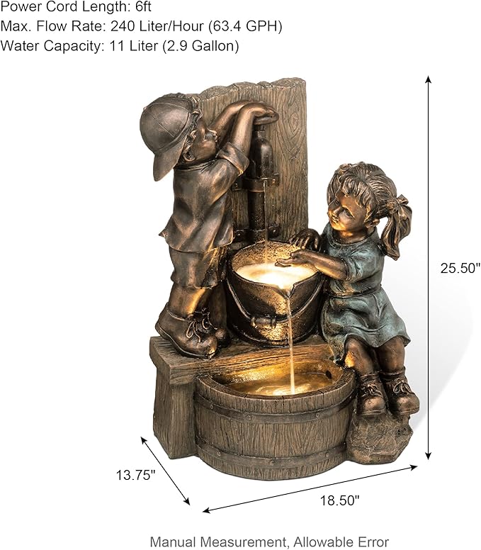 Glitzhome Outdoor Water Fountain with LED Light, Children Playing with Faucet Waterfall Fountains, Antique Bronze Resin Boy and Girl Statue Outdoor Waterfall Fountain for Patio Backyard Garden, 25”H