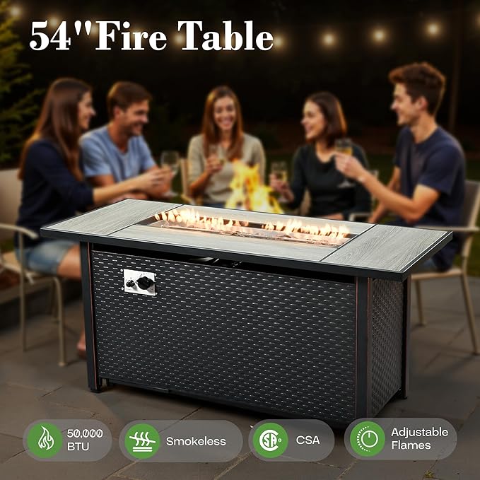 11 Pcs Patio Furniture with Fire Pit Table, Outdoor Rattan Wicker Conversation Set with Glowing Coffee Table, Comfy Sectional Sofa for Porch Balcony Backyard Pool, Blue