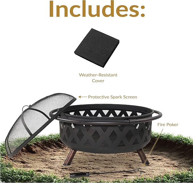 Sunnydaze Crossweave Outdoor Fire Pit - Wood-Burning Fire Pit for Outside with Spark Screen, Poker and Round Cover - 36-Inch - Black - Image 3