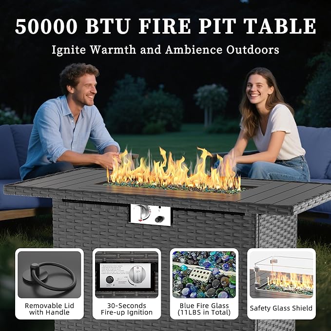 UDPATIO Patio Furniture Set with Fire Pit Table and Swivel Rocking Chairs, 6 Pieces Outdoor Wicker Furniture Set with Waterproof Cover, 4'' Thickened Cushion, Grey