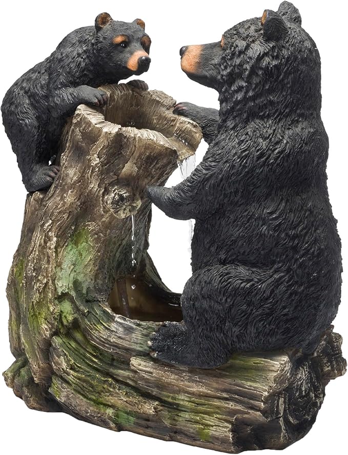 Alpine Corporation USA1132 Indoor/Outdoor Floor Bear and Cub on Log Fountain, Playful Bear and Cub Garden Fountain 26", Black