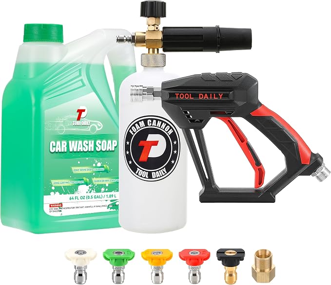 Tool Daily Short Pressure Washer Gun with Foam Cannon, Car Wash Soap 64 Oz, 5 Power Washer Nozzle Tips, 1/4 Inch Quick Connect by ToolDaily