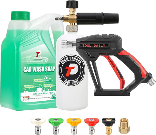 Tool Daily Short Pressure Washer Gun with Foam Cannon, Car Wash Soap 64 Oz, 5 Power Washer Nozzle Tips, 1/4 Inch Quick Connect by ToolDaily