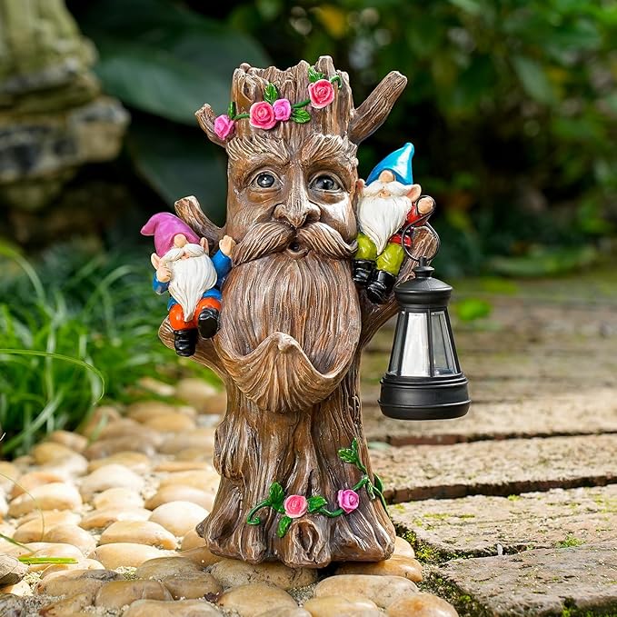 Whimsical Tree Ent Garden Statue with Gnomes – Solar Powered Outdoor Decor with LED Lantern, Funny Yard Ornament for Lawn, Patio, Porch, or Garden