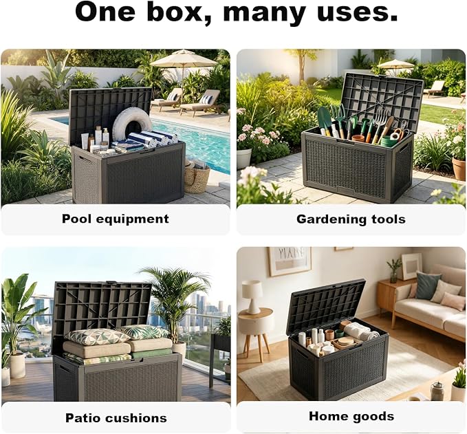 PatioZen 100 Gallon Resin Deck Box, Lockable Patio Outdoor Storage Box for Furniture, Garden Tools and Tools Storage, Waterproof Outside Storage Boxes - Black - Image 6