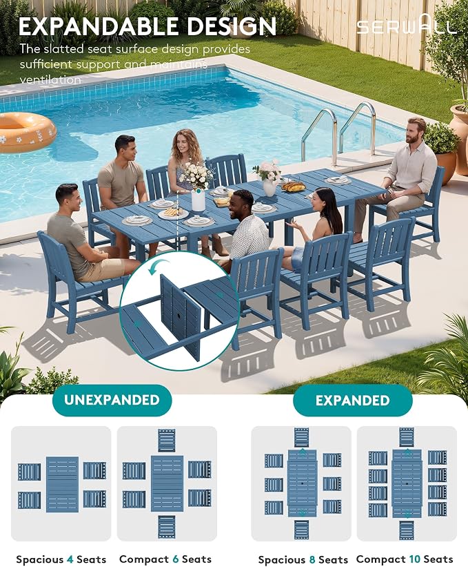 SERWALL Outdoor Expandable Dining Table 60" - 83", Patio Dining Table for 4-10 People, All Weather HDPE and Aluminum Outdoor Furniture, Blue - Image 7