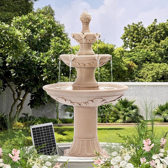 MAGIC UNION Outdoor Solar Water Fountains, 48.4''H Italian Style Garden Fountains and Waterfalls Outside, 3-Tier Large Bubbler Cascading Water Fountain with Pump and Solar Panel for Home Yard Decor