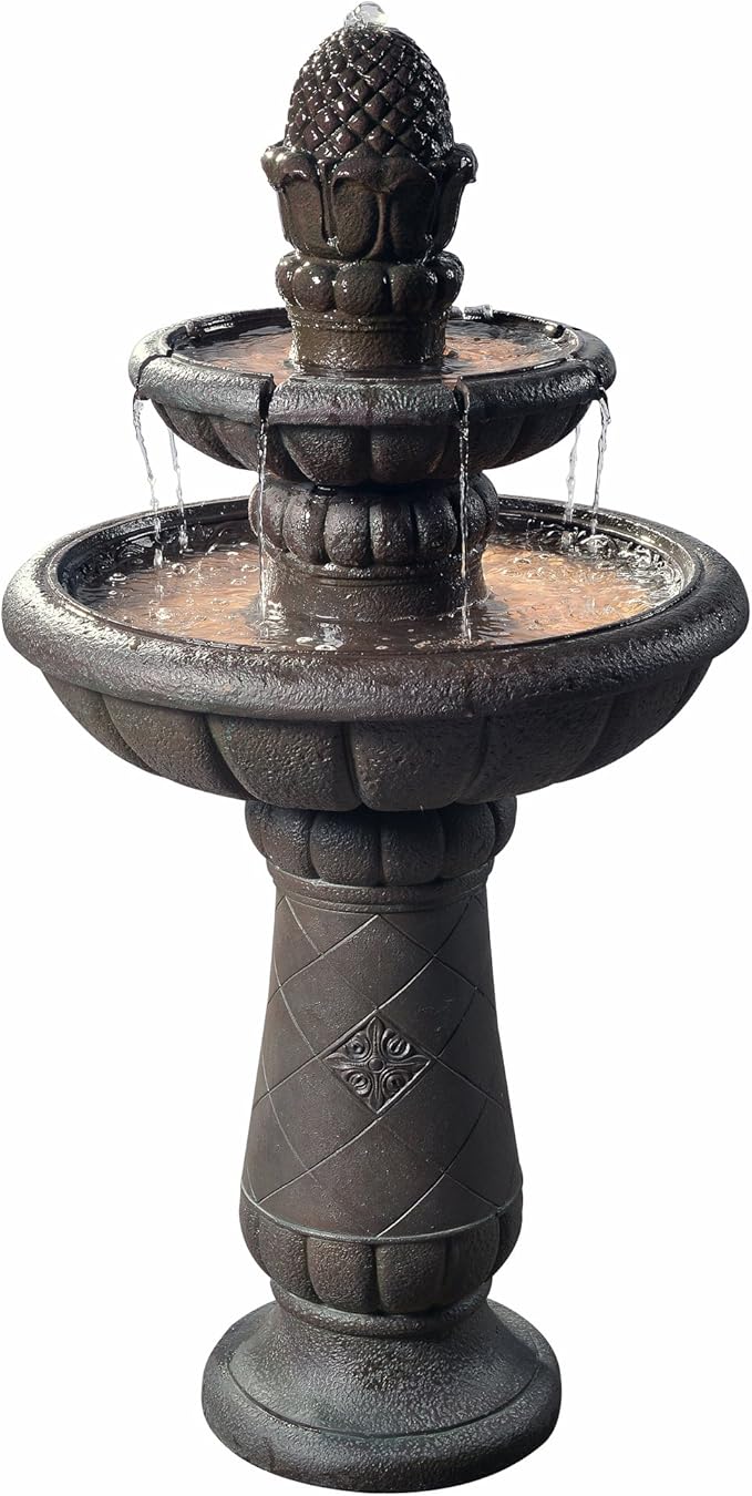Teamson Home Deluxe Pineapple Pedestal 2 Tiered Floor Waterfall Fountain with Pump for Outdoor Patio Garden Backyard Decking, 39 Inch Height, Iron Gray