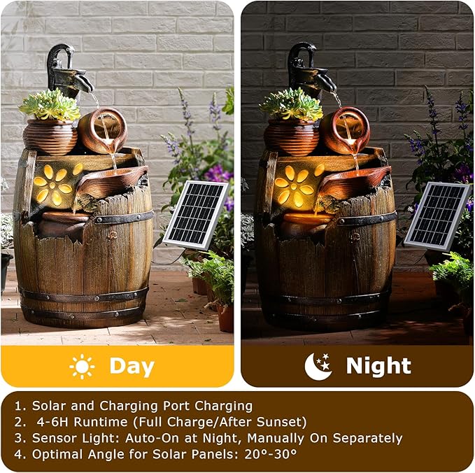 Solar Water Fountain Outdoor Rustic Pump and Barrel, 29" H Cascading Solar Powered Waterfall Fountains Outside Feature with LED Lights for Garden, Patio, Porch, Backyard Decor