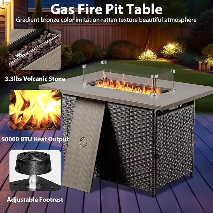 5 Piece Wicker Patio Furniture with Fire Pit Table - Outdoor Conversation Set with 50,000 BTU Fire Pit, All Weather Rattan Patio Set for Deck Backyard Garden - Brown Wicker Beige Cushion