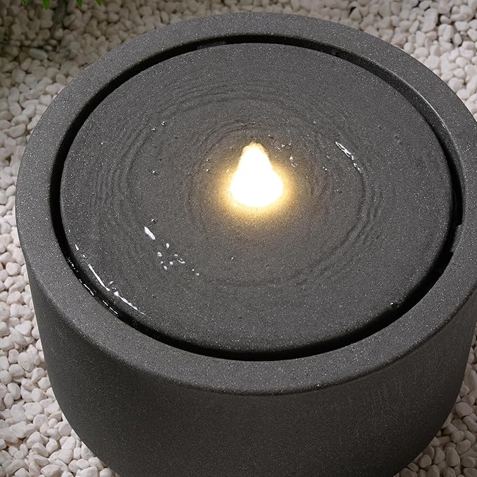 10.23” H Outdoor Water Fountain Made with Eco-Friendly Recyclable Materials, Polyethylene Round Bubbler Water Fountain Outdoor, Garden Decor with LED Light for Patio, Porch, Backyard