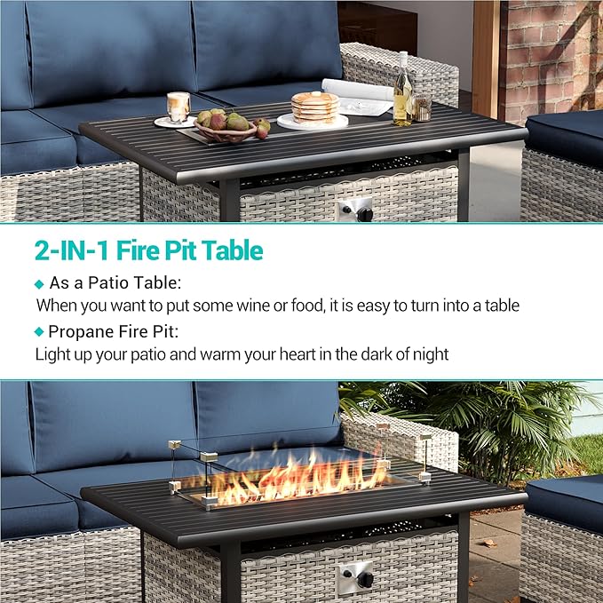13-Piece Outdoor Patio Furniture Set with 55,000 BTU Fire Pit Table, PE Wicker Rattan Sectional Sofa Patio Conversation Set with Coffee Table, Navy Blue
