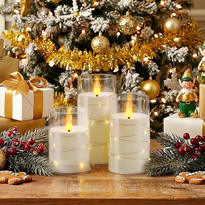 Homemory Flameless Candles with Embedded Star String Fairy Lights, Battery Operated Candles, LED Candle, Fake Candles with Remote Control and Timer, White, Set of 3(H 4" 5" 6?€?)