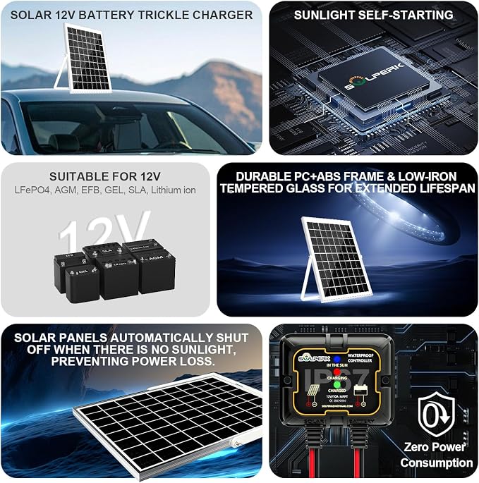 SOLPERK Solar Panel Kit 10W 12V, Waterproof Solar Battery Trickle Charger Maintainer + Smart MPPT Controller + Adjustable Mount Bracket for Boat Car RV Motorcycle Marine Automotive - Image 2