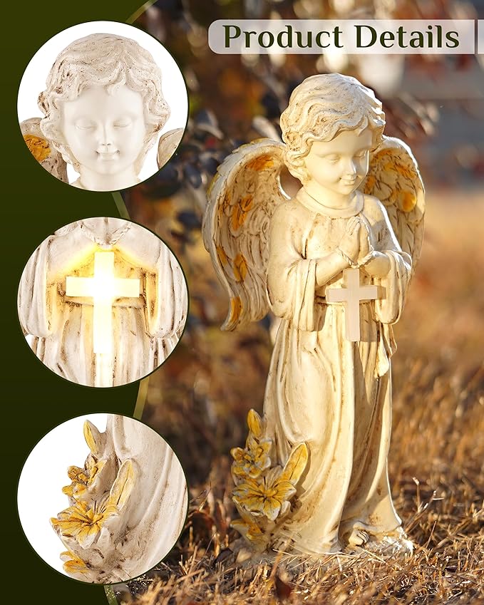 Solar Angel Statues for Outside, 12" Easter Garden Decoration, Solar Angel Figurines w/Lighted Cross for Cemetery, Yard, Pathway, Lawn Decor, Outdoor Guardian Angel for Memorial Gardens