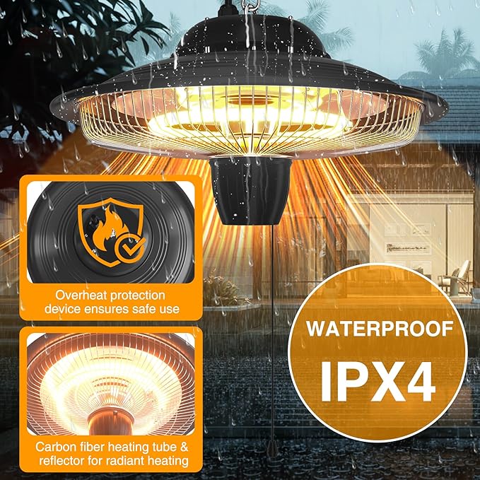 Hanging Patio Heater 1500W/750W, IP34 Waterproof Electric Patio Heater, Ceiling Mount Heater Infrared Gazebo Heater, Heater for Garage Indoor Outdoor Use for Porch Balcony