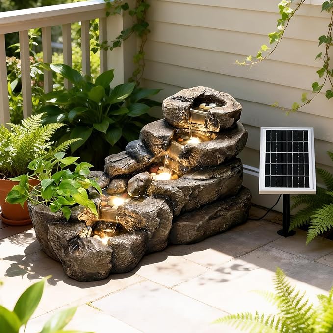 38.2" L Solar Water Fountain Outdoor Garden 5 Tiers Floor Standing Rock Natural Waterfall Outdoor Fountains with LED Lights and Planting Pot for Patio, Porch,Backyard,Home Art Decor
