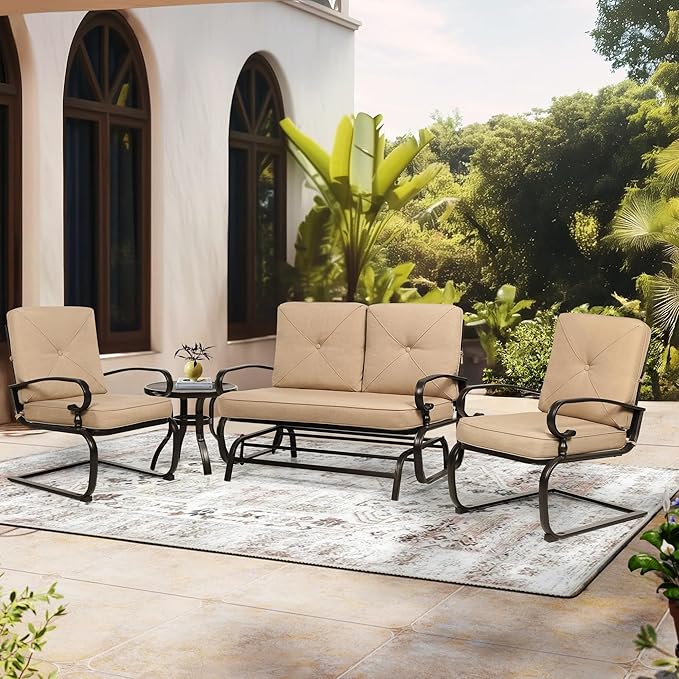Incbruce 4Pcs Outdoor Metal Furniture Patio Conversation Sets (Glider, Bistro Table, 2 Spring Lounge Chairs) - Wrought Iron Outdoor Glider Chairs Sets (Brown)