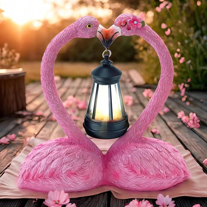 9.8" Solar Flamingo Garden Statue,Heart Flamingo Yard Decor,Unique Double Head Flamingo Gifts for Women,Mom,Lover