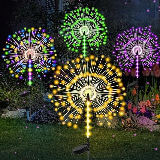 4 Pack 500LED Solar Garden Lights Outdoor, Dual Lighting Modes Firework Lights Solar Powered, Waterproof Twinkle Fairy Light Outside for Yard Christmas Party Decorative（Green Purple White Colorful