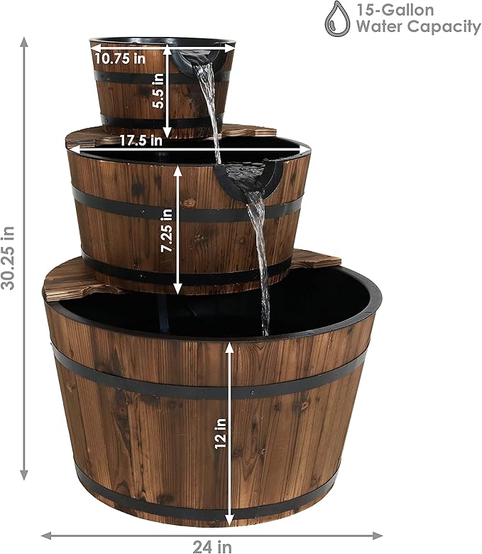 Sunnydaze 3-Tier Wood Barrel Water Fountain - 30-Inch Outdoor Water Fountain Barrel with Submersible Pump - for Garden, Patio, Decks