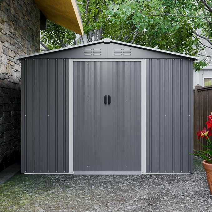 YOPTO 8X6 FT Outdoor Storage Shed with Roof,Waterproof House Tool Cabinet W/Metal Foundation & Lockable Doors,for Shovels,Umbrellas,Antennas,Escalators,Gray - Image 3