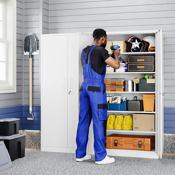 Yizosh Metal Garage Storage Cabinet with 2 Doors and 5 Adjustable Shelves - 71" Steel Lockable File Cabinet,Locking Tool Cabinets for Office,Home,Garage,Gym,School (White) - Image 2