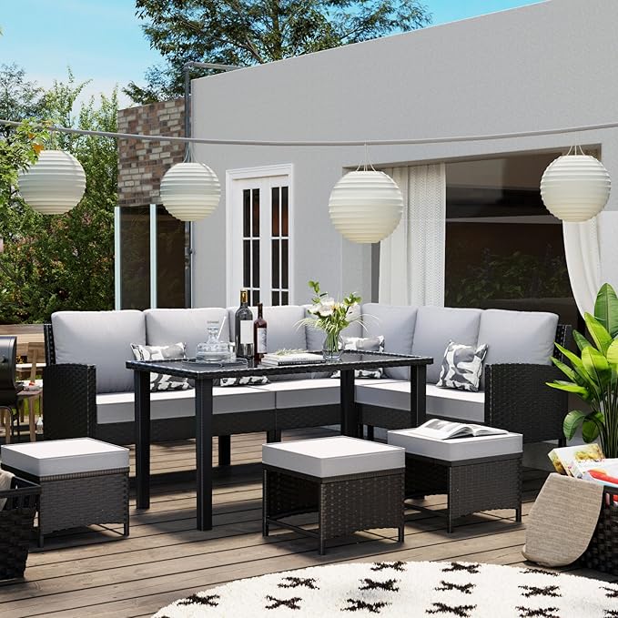 7-Piece Patio Furniture Set, Outdoor Conversation Set with Dining Table & Ottomans, PE Rattan Sofa Set with Throw Pillows and Cushions for Deck Yard Poolside, Gray