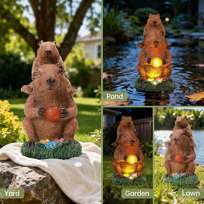Capybara Solar Garden Statue, Outdoor Capybara Statue with Ball Light, Funny Double Capybara Decor for Women Mom, Capybara Figurine for Yard Garden Patio Lawn Ornaments