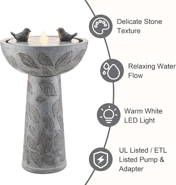 Glitzhome Outdoor Water Fountain with Lights & Pump, Bird Bath Fountain with Birds, 27.5" H Polyresin Floor Waterfall Fountains Water Feature for Garden, Yard, Patio, Home Decor