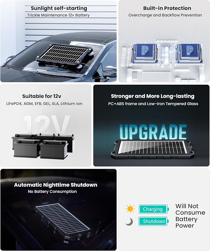 POWOXI-9W-Solar-Battery-Trickle-Charger-Maintainer -12V Portable Waterproof Solar Panel Trickle Charging Kit for Car, Motorcycle, Boat, Marine, RV, Trailer, Powersports, Snowmobile, etc. - Image 3