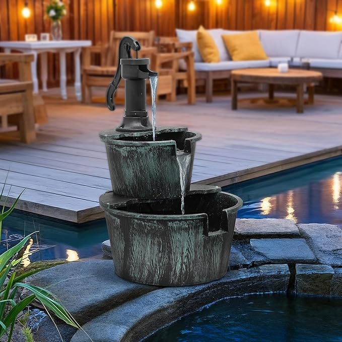 MoNiBloom Outdoor Water Fountains, 27" Tall 2-Tier Barrel and Pump Waterfall Fountain and Pump for Outdoor Patio Garden Backyard Deck, 11L Water Capacity, Green