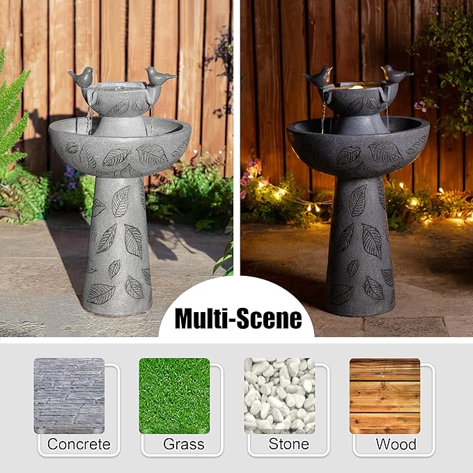 Glitzhome Outdoor Water Fountain with Lights & Pump, 26" H 2-Tiered Polyresin Bird Bath Fountain Floor-Standing Water Feature Waterfall Fountain for Garden, Yard, Patio, Home Decor