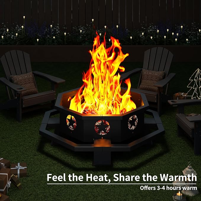 43 inch Fire Pit, Outdoor Wood Burning Fire Pit Octagonal Heavy Duty Firepit for Camping, Backyard, Patio, Black - Image 4