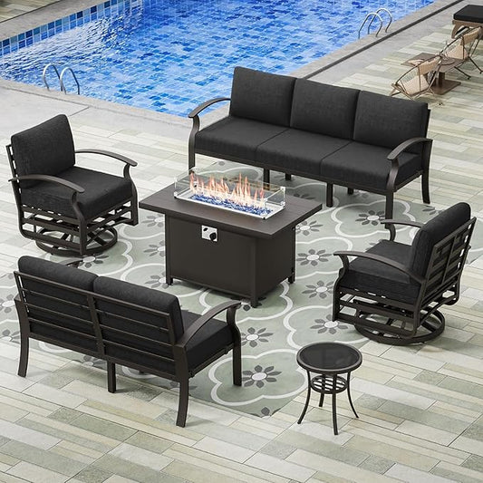 Aluminum Patio Furniture Set with Fire Pit Table, 7 Seats Outdoor Patio Conversation Sets with Swivel Chair Modern Metal Sectional Sofa with Upgrade Cushions for Patio, Backyard